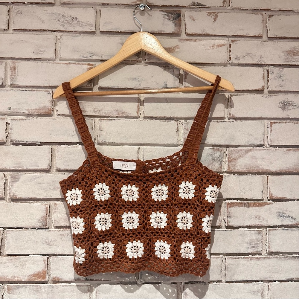 Lucca crochet brown flower tank top size small